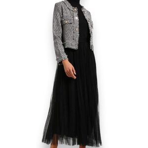 Black Multi Layer Mesh Pleated Long A-line Midi Skirt -NEW